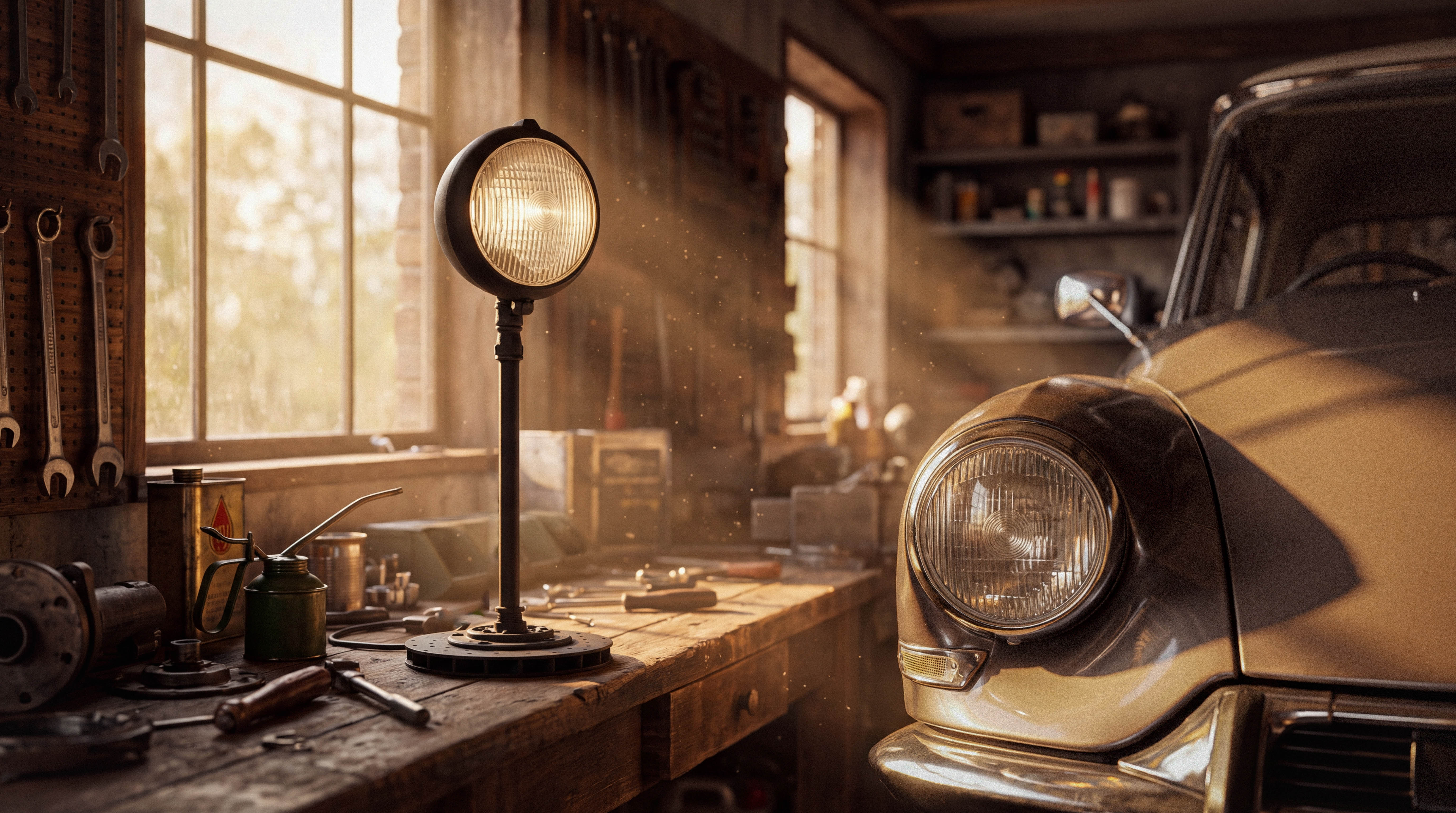 Lampe artisanale DLH Création présentée dans l'atelier aux côtés d'une voiture de collection